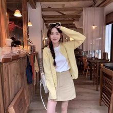 韩系套装女装春季甜美奶黄色针织开衫短袖T恤A字半身裙时尚三件套