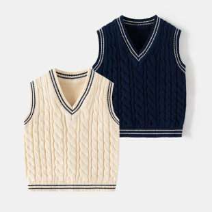 Children's Sweater Drop Shipping Spring & Fall New Style Boys' Knitted Vest Kidsren's Thick Needle Cotton Thread Twisted V Neck Vest