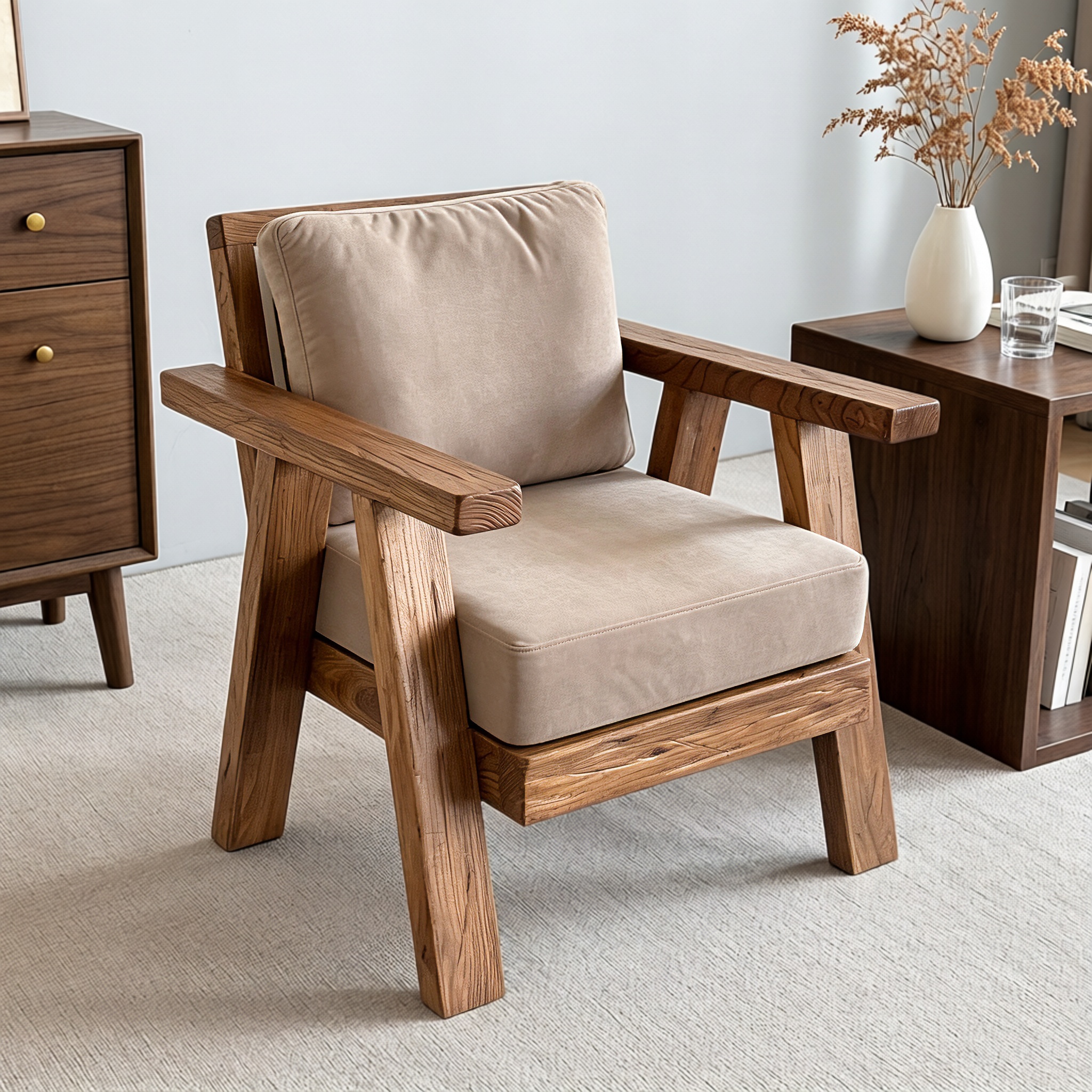 B&B solid wood single sofa chair, B&B old elm wood sofa, living room tea leisure chair, tea stool, host armchair