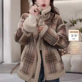 美式复古格纹设计感毛呢外套女秋冬季新款加厚羊羔毛呢子大衣