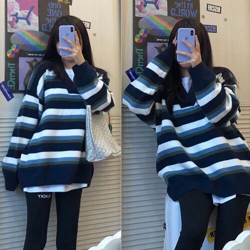 Striped sweater for women, autumn loose outer wear, retro pullover, lazy top, autumn dress, Korean loose knitted outer