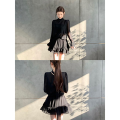 CHICYOU「屋顶」Ys1风冷艳气质美女黑色雪纺长袖衬衫+荷叶短裙