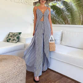 跨境外贸独立站2025新款时尚无袖条纹吊带上衣配条纹长裤两件套