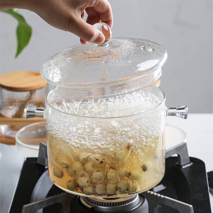 Olla de vidrio borosilicato de doble oreja olla de sopa de vidrio transparente para el hogar olla de guiso de gachas olla de agua hirviendo con tapa olla de fideos