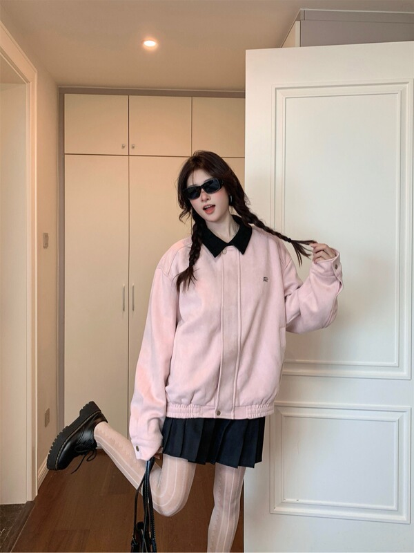 甜美风粉色翻领休闲夹克上衣女早秋小众设计感宽松美式棒球服外套|undefined