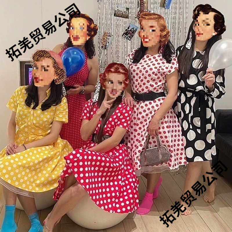 港风怀旧复古少女感波点气质显瘦大摆收腰表演舞蹈服连衣裙