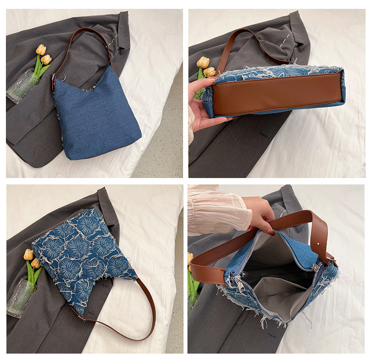 Frau Groß Denim Blume Basic Quadrat Reißverschluss Schultertasche display picture 1