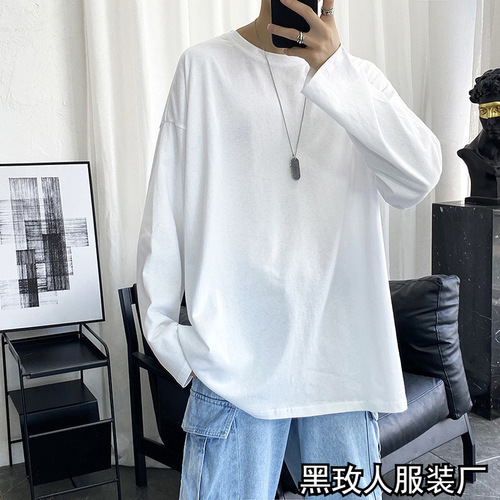 Men's Loose Fit Long Sleeve T-Shirt in Autumn, Versatile and Easy-to-Combine, Hong Kong Style Trend Brand, Plain Color Top, Simple and Casual Round Neck Base Shirt