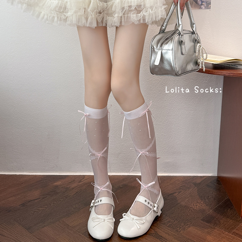 Shoes with Cotton Bowknot Calf Socks for Women, Spring and Summer Thin Lolita White Stockings, Ballet-Style Long Tube Slouch Socks
