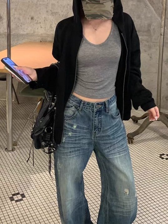 SUNONEON 设计感铆钉宽松连帽卫衣外套女早秋季新美式开衫衣|undefined