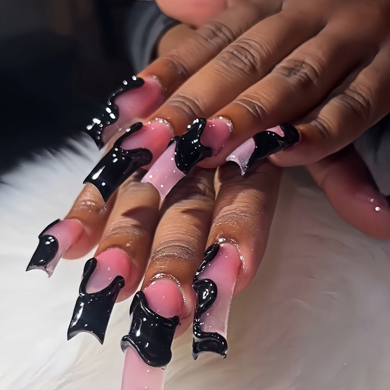 Cross-Border Hot-Selling New 20 Pieces of Wavy Streamer Black Powder Wearable Nail Art Pieces 3D Streamline Gradient Design Fashion Art