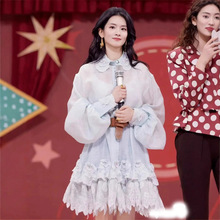 25秋澳洲潮牌陈昊宇明星同款甜美仙气浅蓝蓬蓬蕾丝摆衬衫连衣裙