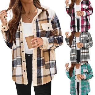2024 European and American Casual AliExpress Amazon New Ladies Contrast Color Plaid Jacket Casual Lel Velvet Jacket