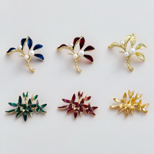 Oil drop three color pearl flower branch leaves alloy accessories diy handmade coat jewelry brooch accessories in stock wholesale