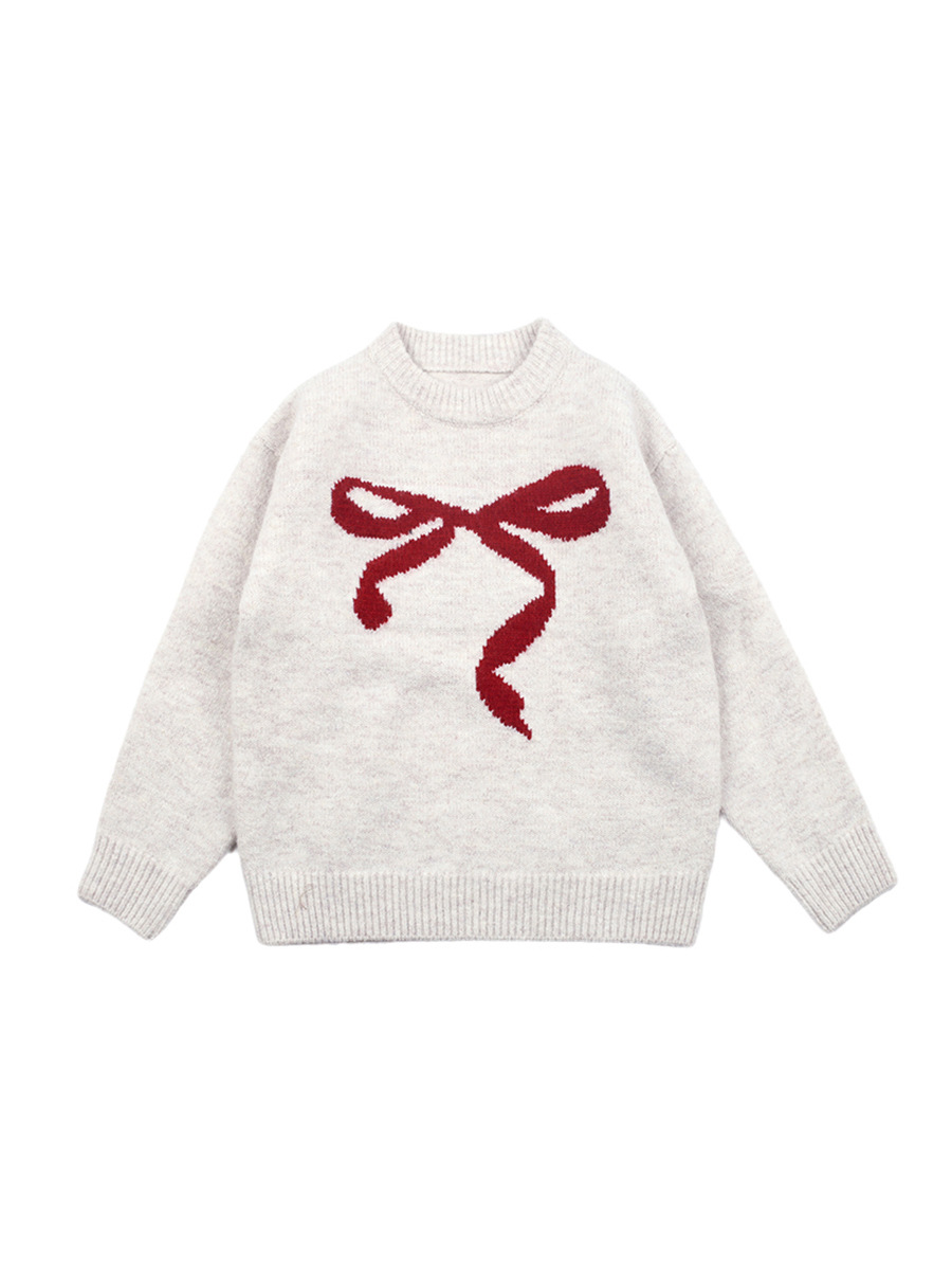 艾摩貝の子供服の韓国版2024冬の女の子の洋風の甘い蝶結びのジャカードの厚いニットのセーター