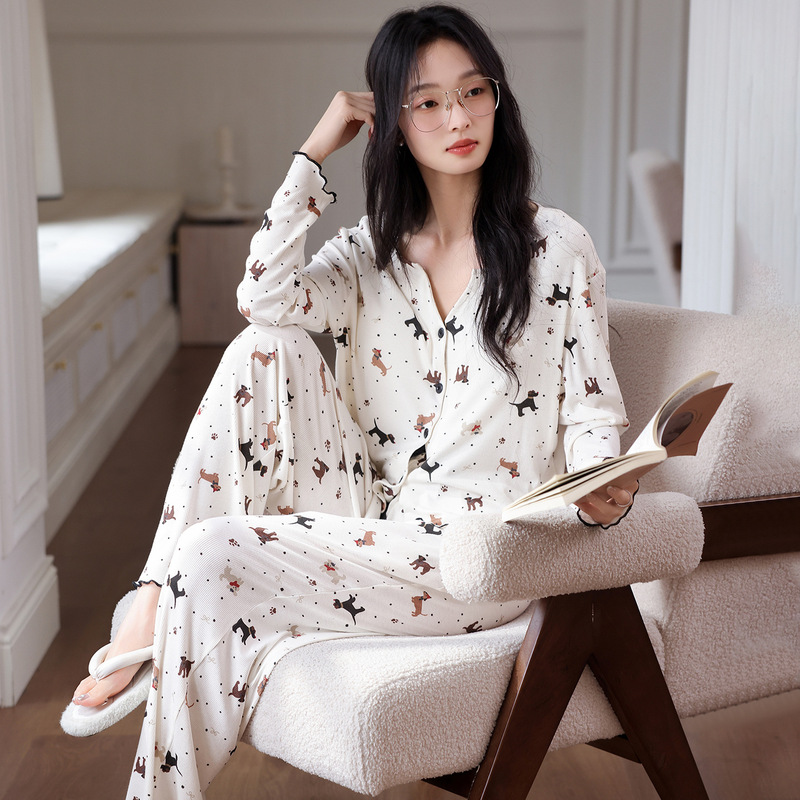 （控价69.9元）秋季新款7030彩棉螺纹短款开衫长袖长裤睡衣女套装|undefined