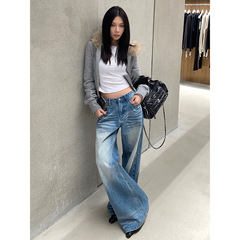 美式折痕做旧水洗阔腿牛仔裤女春秋新款高腰宽松垂感直筒拖地裤子