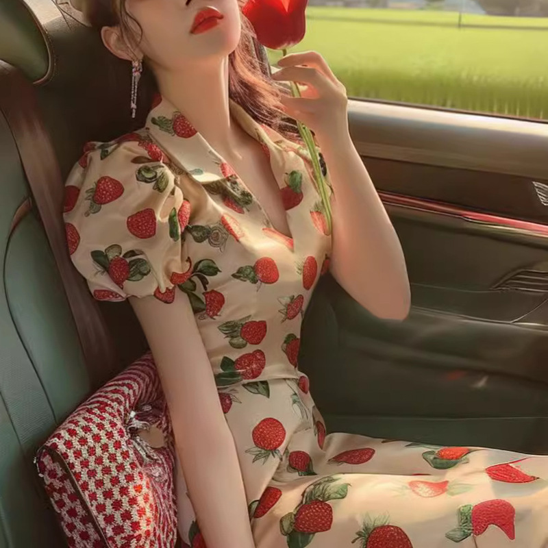 French High-End Beige Strawberry Print Puff Sleeve Dress for Women Summer Royal Sister Style High-End Exquisite Skirt