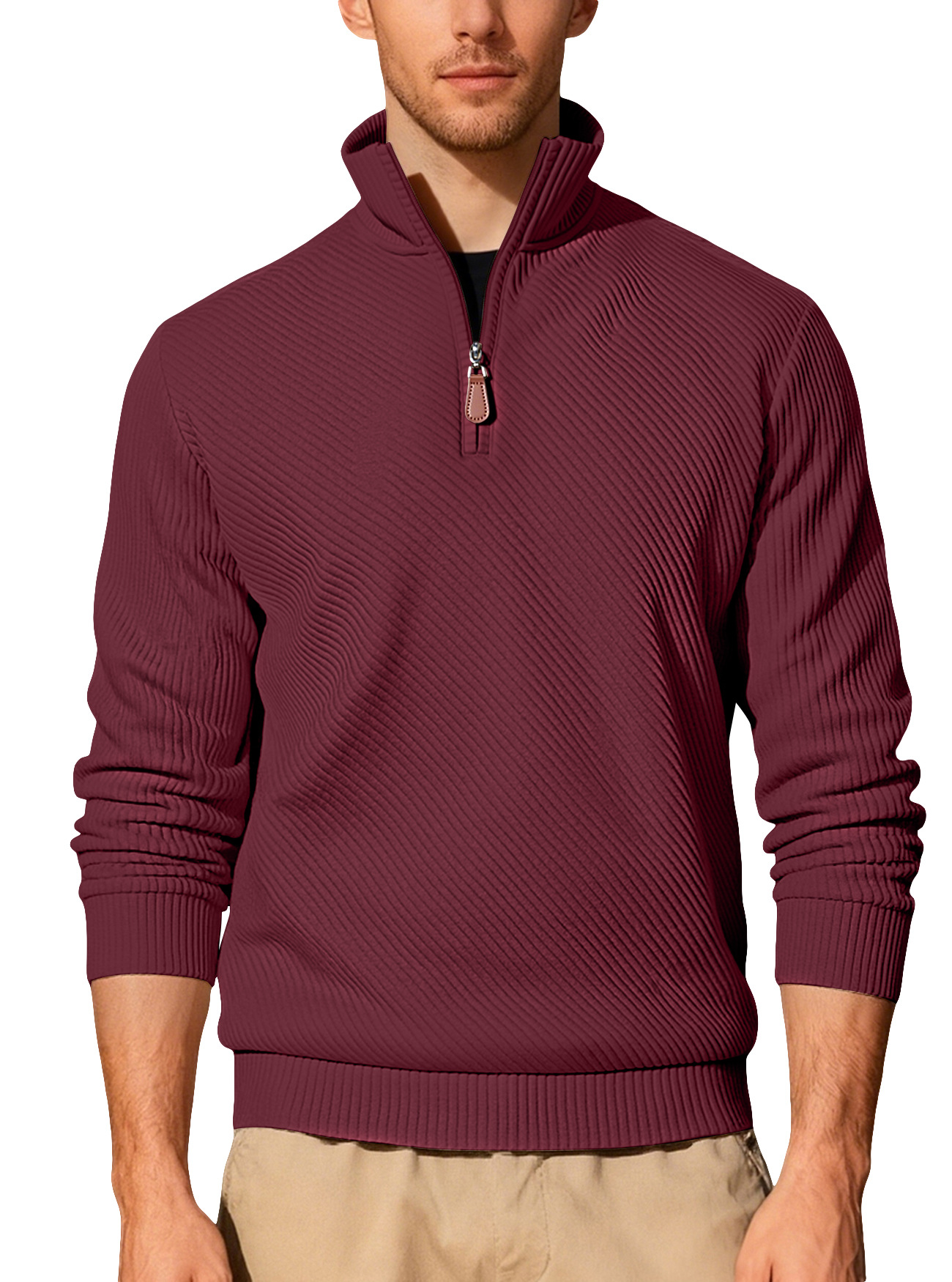 Amazon otoño y invierno nuevo color sólido transfronterizo hombre semi-cremallera velcro cuello casual camisa de manga larga en stock para hombres