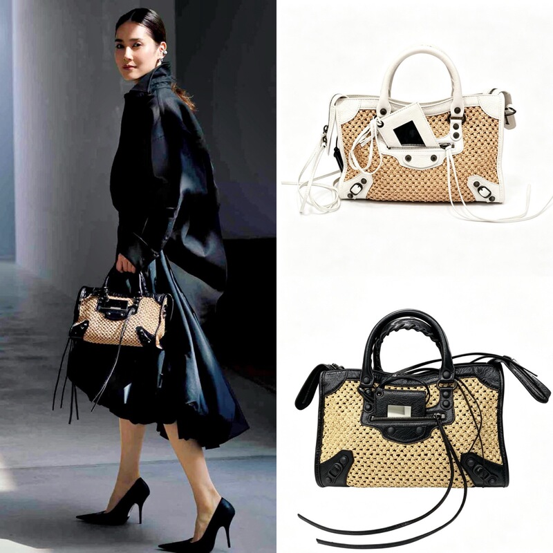2026B's Popular Le City Mini Straw Motorcycle Bag, High-End Trendy Leather Tote Bag, Fashionable Handbag