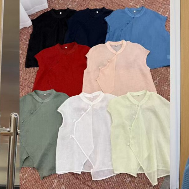 2026 Summer New Style Chinese National Style Diagonal Collar Mushroom Button Ramie Top for Women, Cross-Hem Ramie Blouse for Women