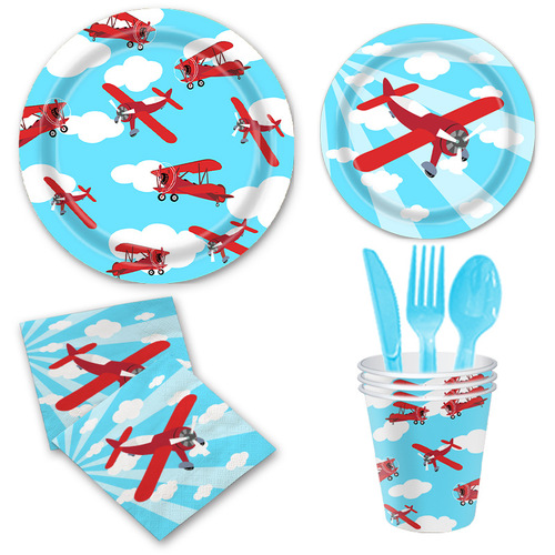 Airplane theme party children's party party tableware birthday disposable tissue paper plate paper cup pull flag tablecloth