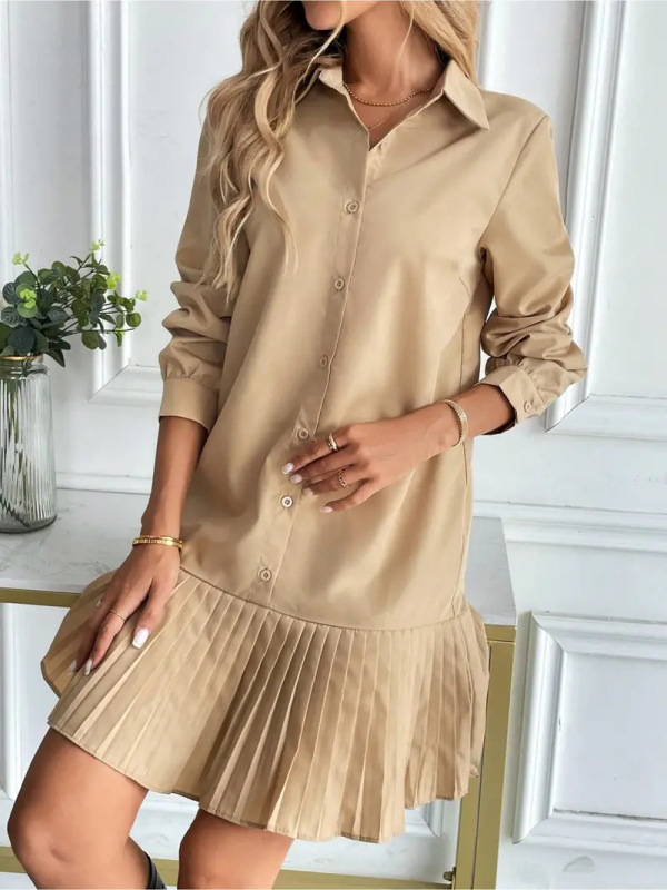 2025 秋冬対外貿易ヨーロッパとアメリカのクロスボーダー婦人服プリーツスプライシングドレスシャツ襟ツイストボタンカジュアルスカートシャツドレス|undefined