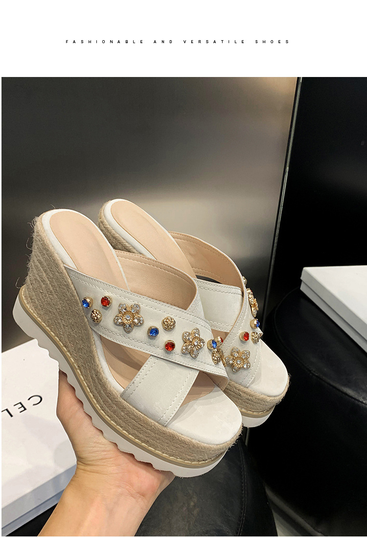 Sandal cao gót nữ hở mũi đế xuồng đan rơm, đính đá, quai ngang da thật — màu trắng ngà, màu kaki chi tiết 12