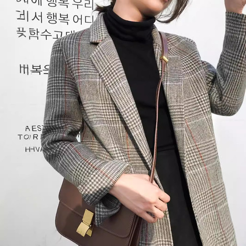 Checkered wool blazer chic retro loose medium-long 2025 autumn/winter new women's grid blazer jacket
