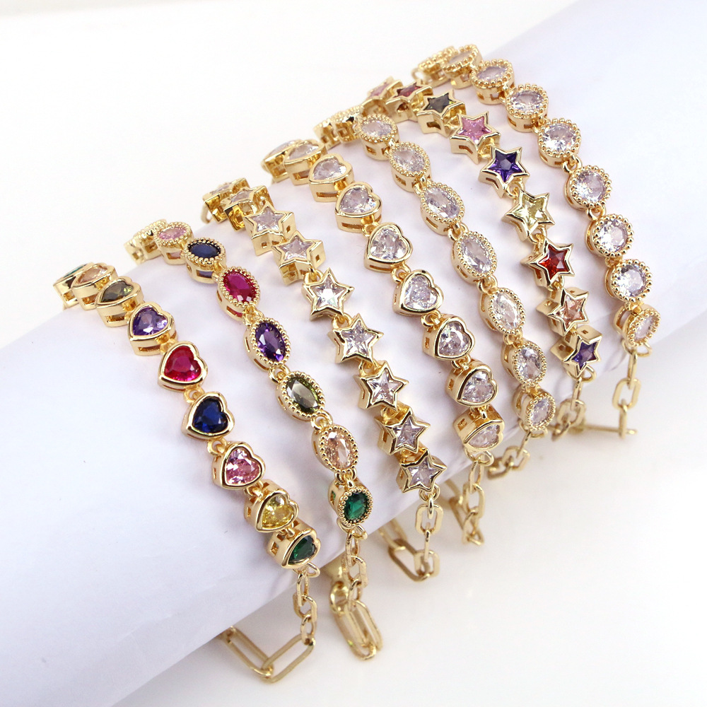 Fashion Heart Shape Copper Bracelets Gold Plated Artificial Gemstones Zircon Copper Bracelets