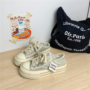 2025 Spring and Summer Low-top Two-wear Canvas Shoes Female Students Thick-soled Casual All-match Board Shoes Korean Style Women's Shoes Far Wave 5086