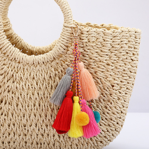 Cross-border colorful bag ornaments handmade braided DIY handicraft bohemian hair ball tassel keychain pendant