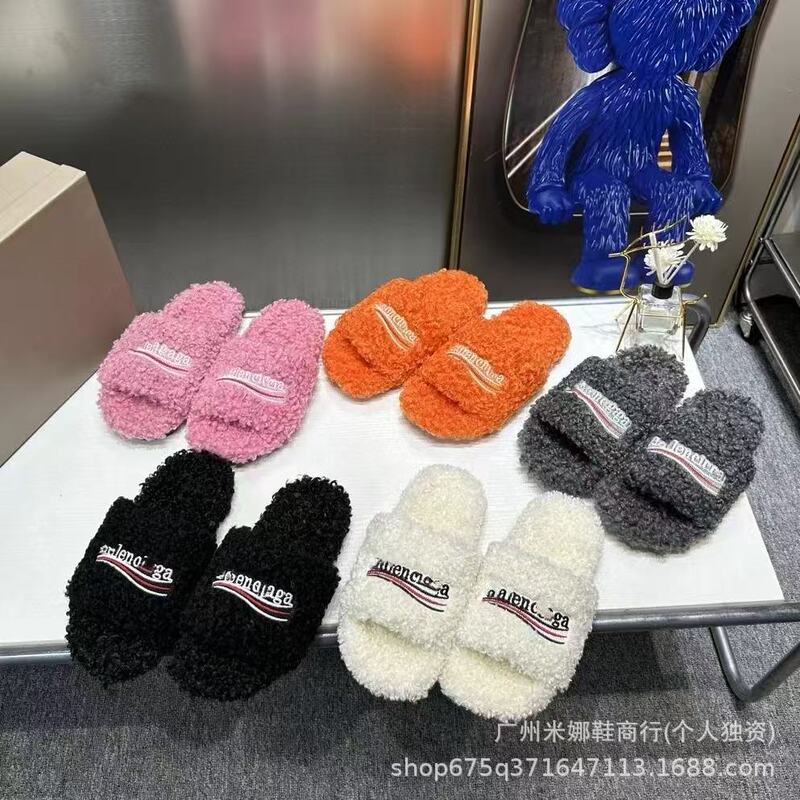 Bajia Furry Slippers for Women's Outer Wear 2024 New Letter Embroidered Thick-Soled Lamb Wool Autumn and Winter Flats Slippers