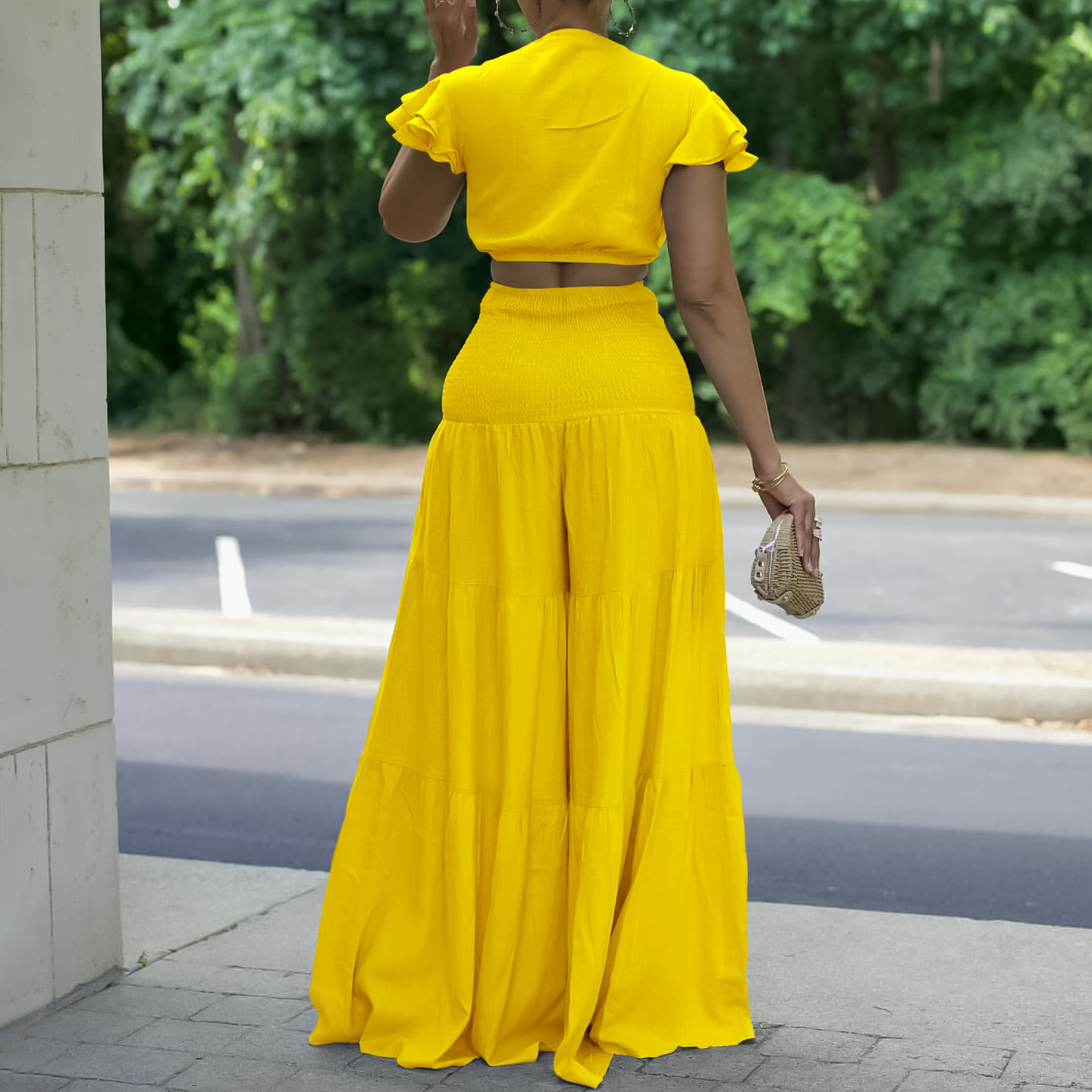 Women Short Sleeve Tied Top Wide Leg Pants Two Piece Set 5 Women Short Sleeve Tied Top Wide Leg Pants Two Piece Set