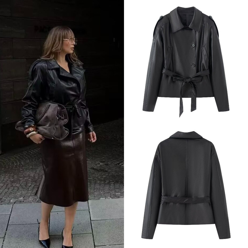 Cross-Border Export Spot European and American Style Women's Clothing Autum New Retro Street Imitation Leather Belt Long-Sleeved Short Windbreaker Jacket
