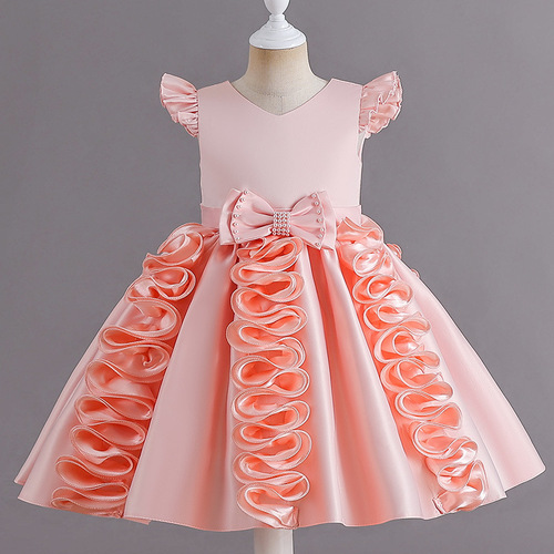 Child's Formal Dress Silk Evening Gown Dinner Dress Little Wing Sleeve Sweet Princess Dress Performance Costume Host Flower Girl Dress