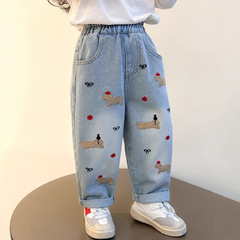 女の子のジーパン春秋のモデル2025の新型の女の子のゆるいストレートズボンの小さい子供のズボンの女性の赤ちゃんのカジュアルなズボン