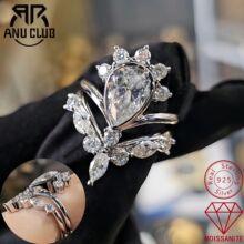 跨境银镀金3克拉D色水滴莫桑戒指V字皇冠套戒女士Bridal Ring Set