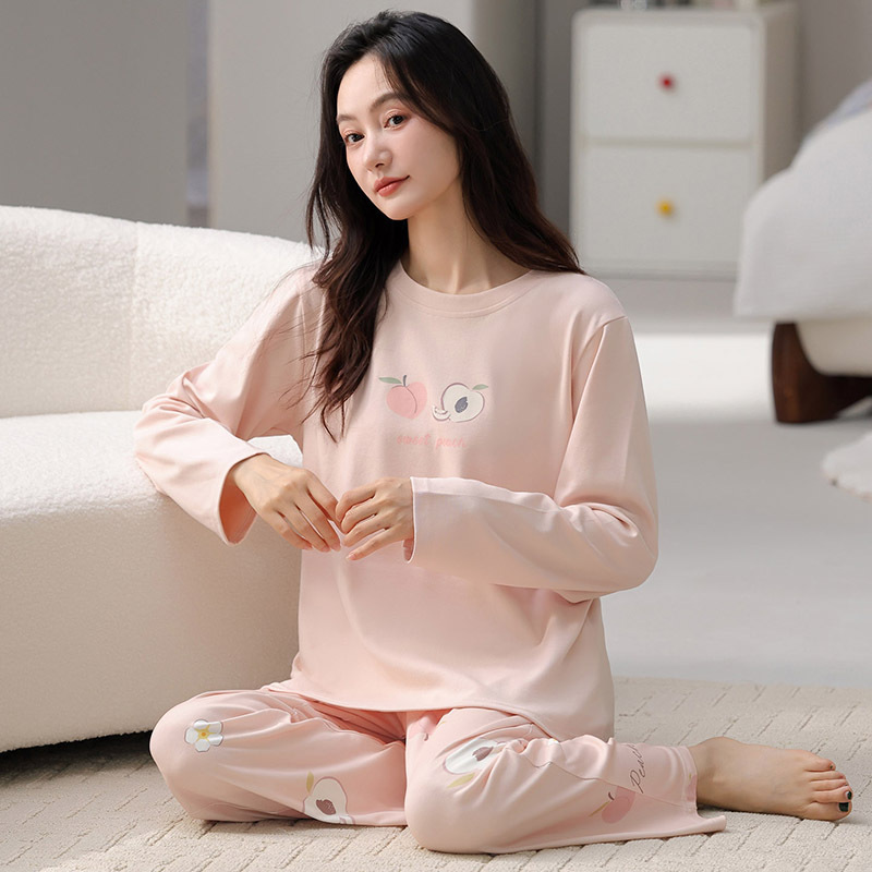 秋冬季女士睡衣棉质长袖长裤圆领套头卡通甜美可爱外穿家居服套装|undefined