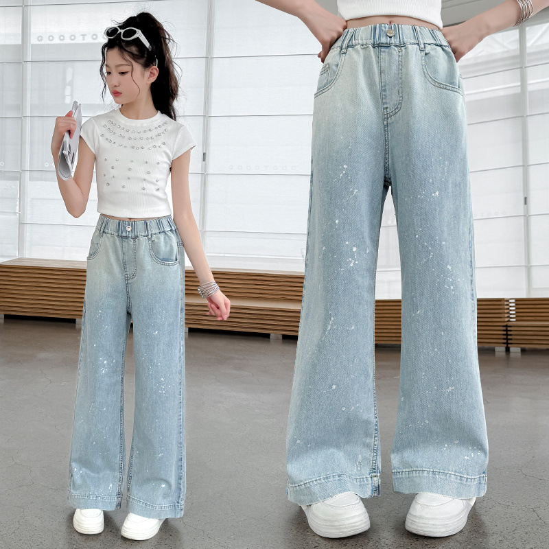 Girls' Summer Thin Pants 2025 New Stylish Straight Pants for Older Children Light-Colored Jeans Children's Wide-Leg Pants