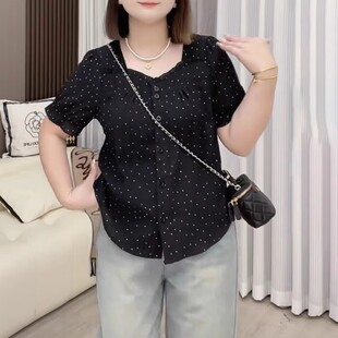 chubby girl plus size Women's Clothing Summer Loose Slimming Unique Elegant Polo Dot Square Collar Short Sleeve Shirt Super Nice Top Trendy