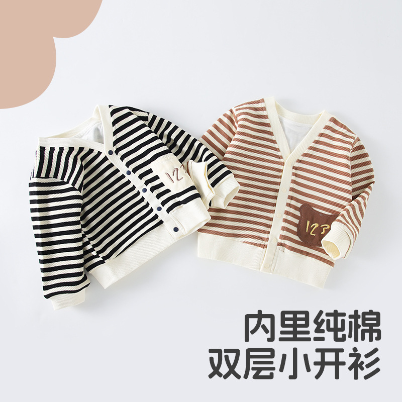 Anyang children's knitted cardigan for spring and autumn, boys' and girls' single striped tops for toddlers.