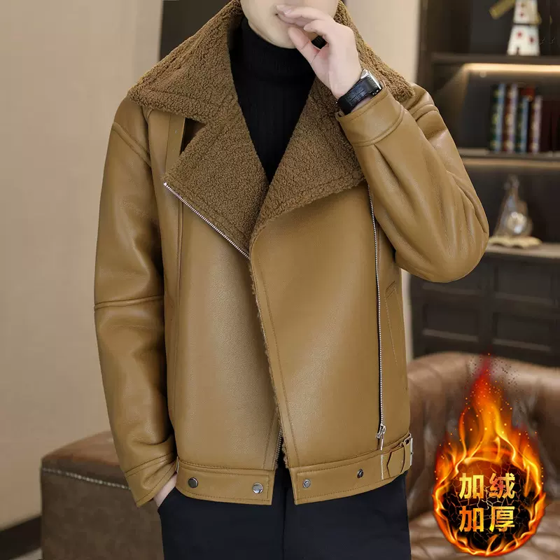 欧洲站2025年冬季新款男士PU皮衣皮毛一体加绒加厚夹克保暖外套潮