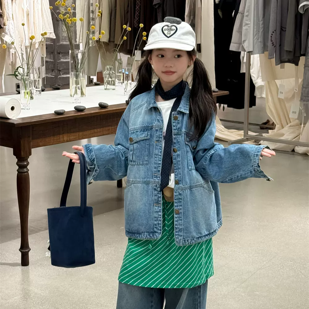 花与寻女童牛仔外套2025秋款韩版挺括宽松夹克软牛仔外套百搭外衣