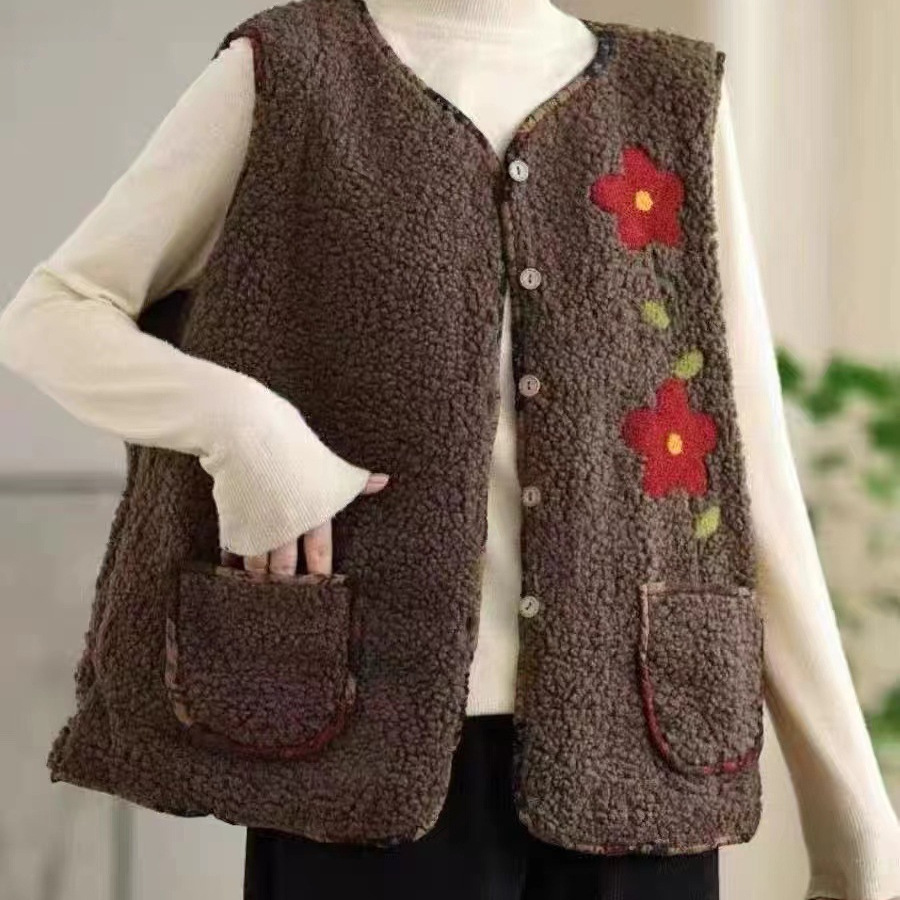 【好物推荐】休闲复古国风百搭宽松羊羔毛拼接马甲外套