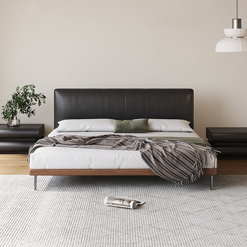 Cama de cuero minimalista italiana, cama negra delgada, cama de madera maciza retro, cama de madera blanda moderna, cama de tofu delgada
