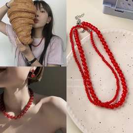 韩国ins博主同款红色串珠项链女小众设计感毛衣链简约气质锁骨链