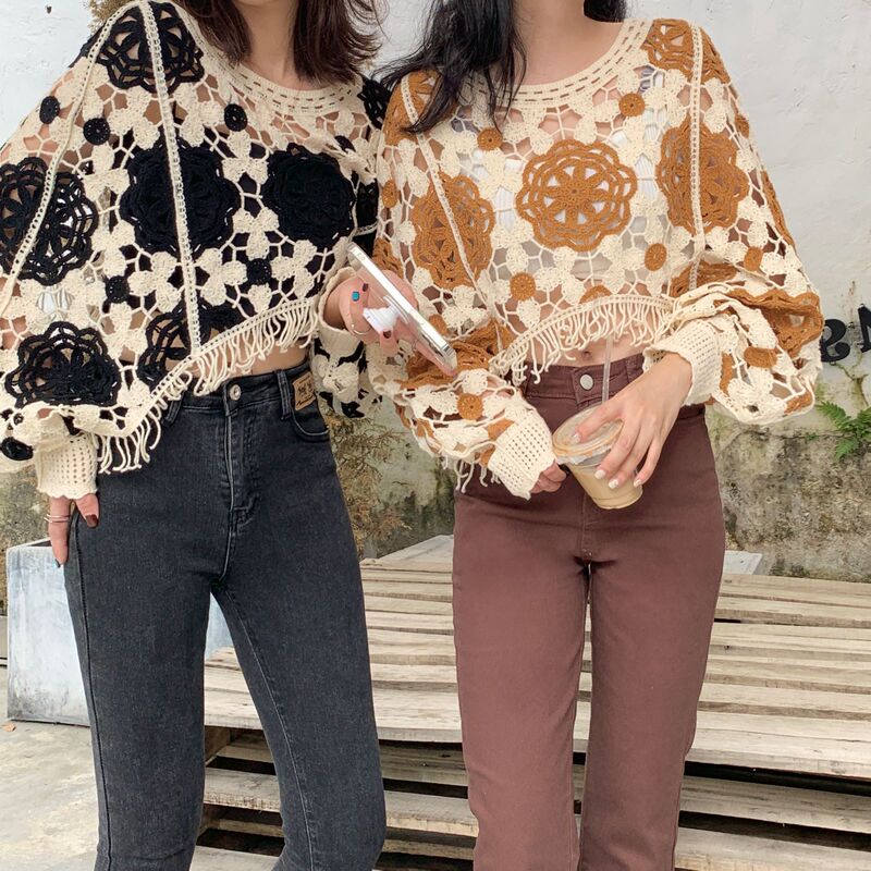 European-style crocheted hollow-out sweater loose slimming thin top women's design sense niche long-sleeved blouse