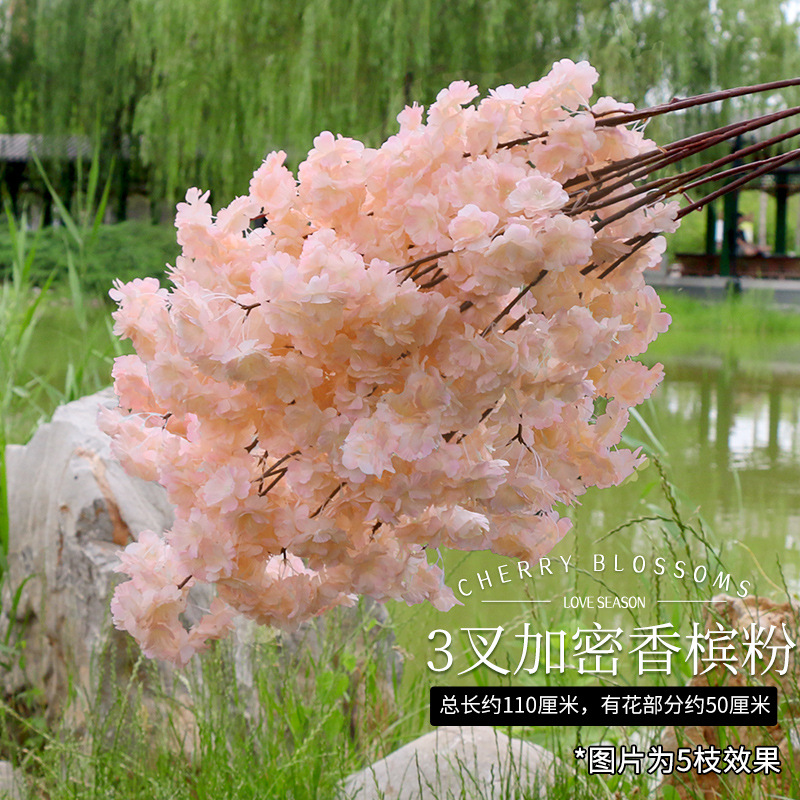 Ramas de Sakura con flores artificiales de tres puntas para decoración de interiores y exteriores en centros comerciales, ramas de flores de seda con enredaderas de cuatro puntas y tallos extendidos.