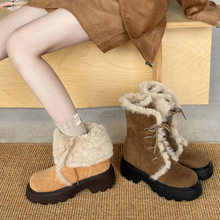 两穿毛毛鞋圆头粗跟厚底系带雪地靴女2025秋冬新款加绒保暖短靴子